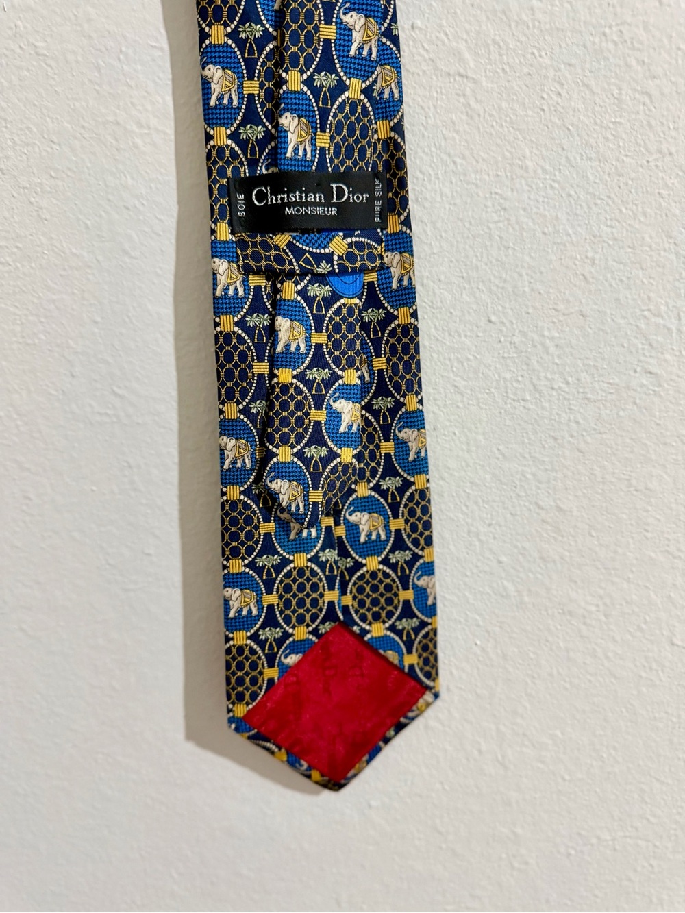 Vintage Dior Blue & Gold Elephant Motif 100% Silk Tie